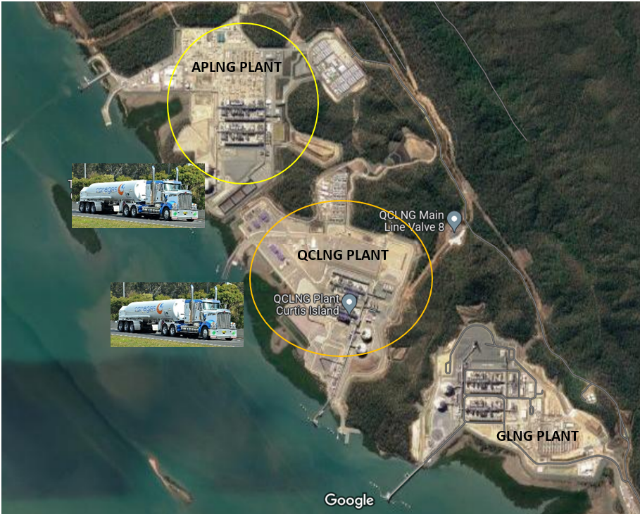 Google map view of Curtis Island LNG establishments.